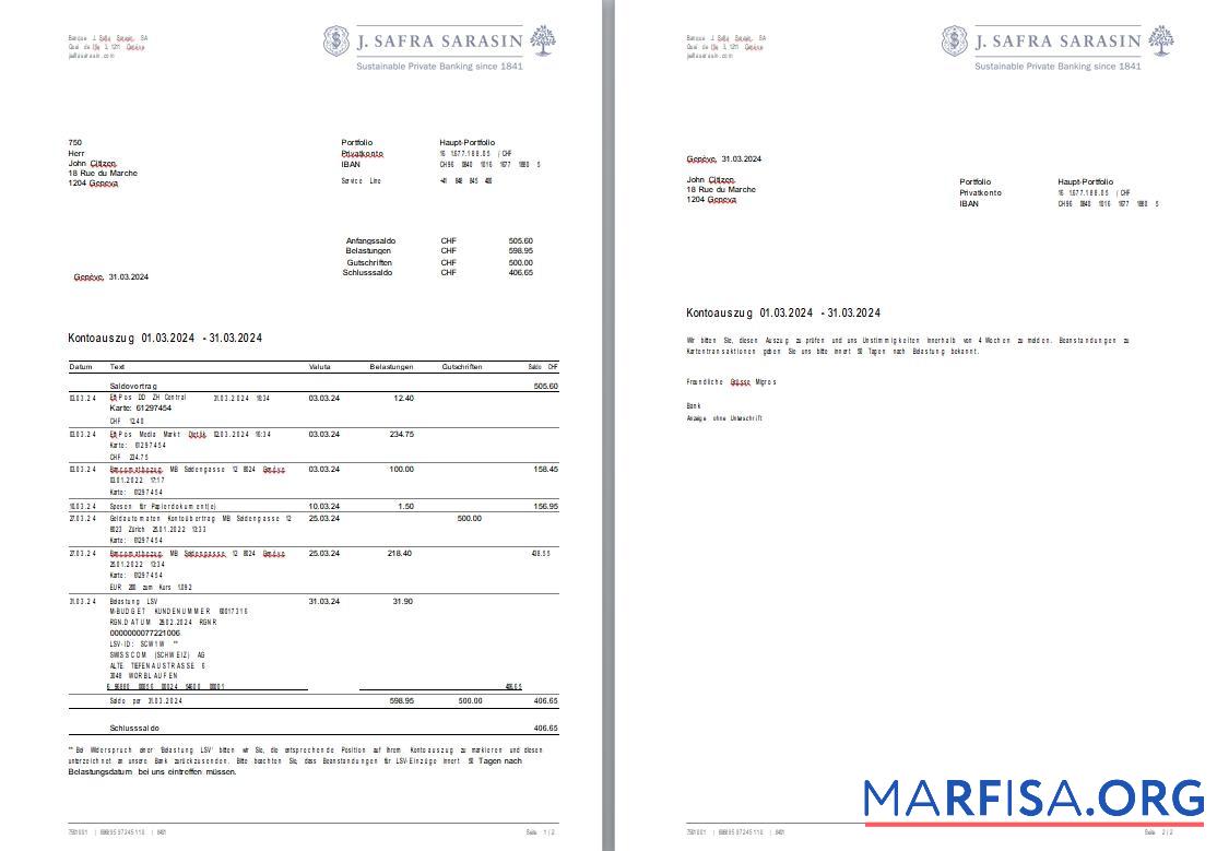 Printable Switzerland Bank J. Safra Sarasin bank statement 2 pages word download for verification